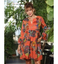 Kiki Sol Fiji 3 Peach Coral Tropical Floral Tiered Ruffle Dress large