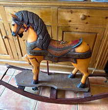 Vintage Wooden Rocking Horse Carved Mane & Saddle, Bridle, Curved Rocking Base