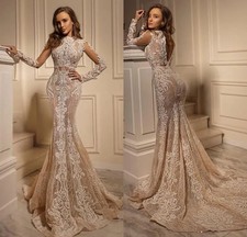 Luxurious Wedding Dress High Neck Beads Applique Mermaid Open Back Bridal Gowns
