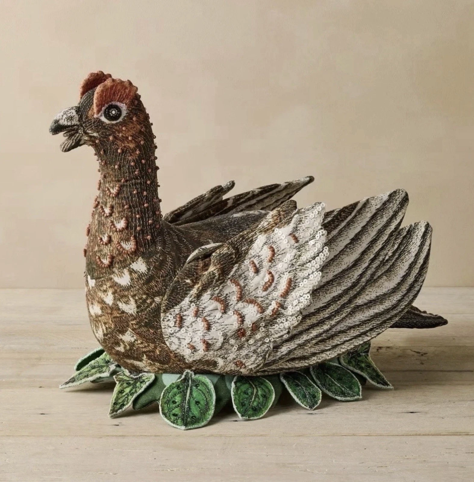 John Derian Target 2025 Beaded GROUSE Shaped Pillow 16"X8" Stuffed Plush Bird