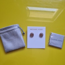 Michael Kors Rose Gold Stud Earrings Logo MK Crystal Pave Round Button Brand New