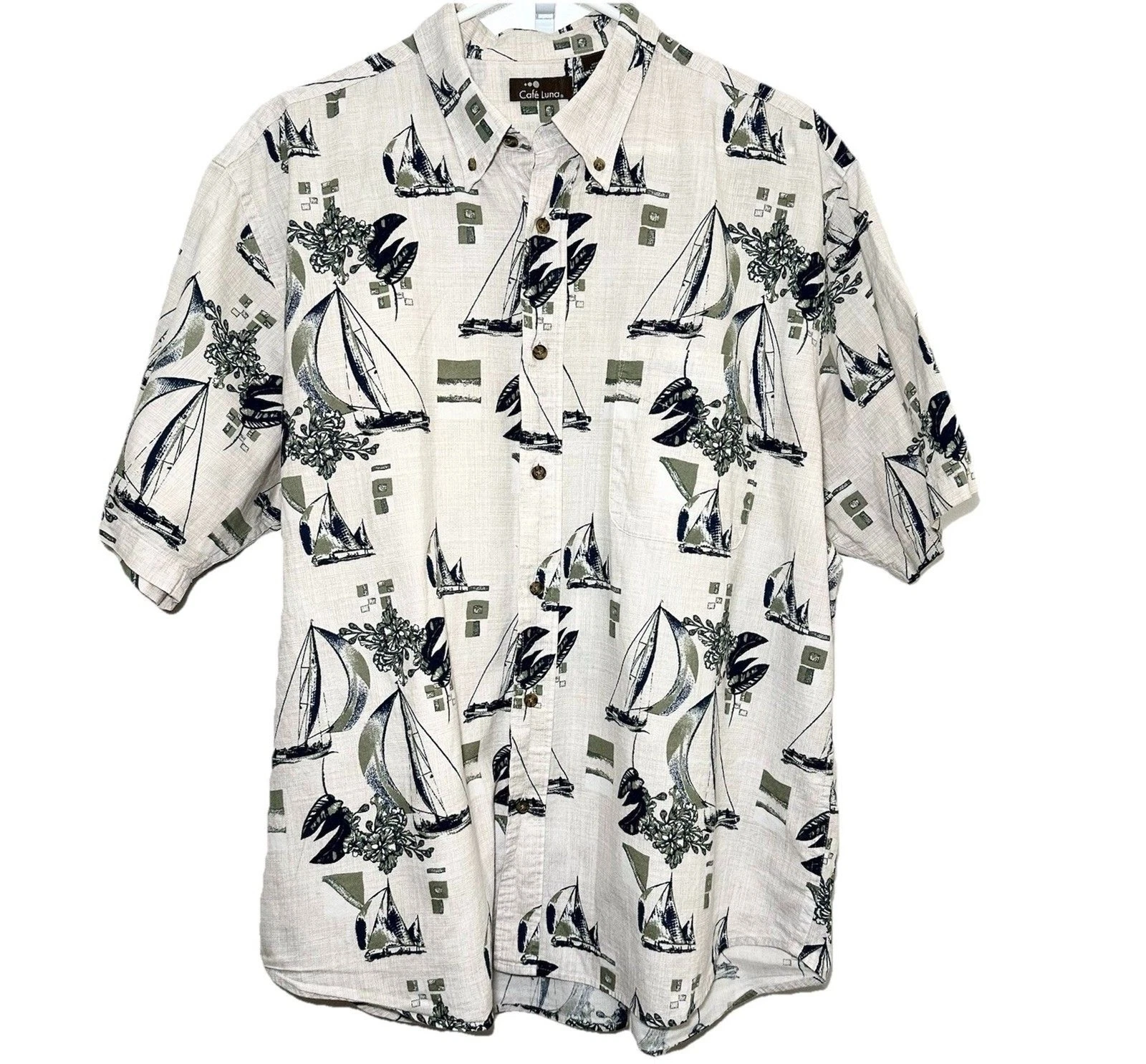 Cafe Luna Sailboat Hawaiian Shirt Mens XL Nautical Camp Beach Cotton Vacation