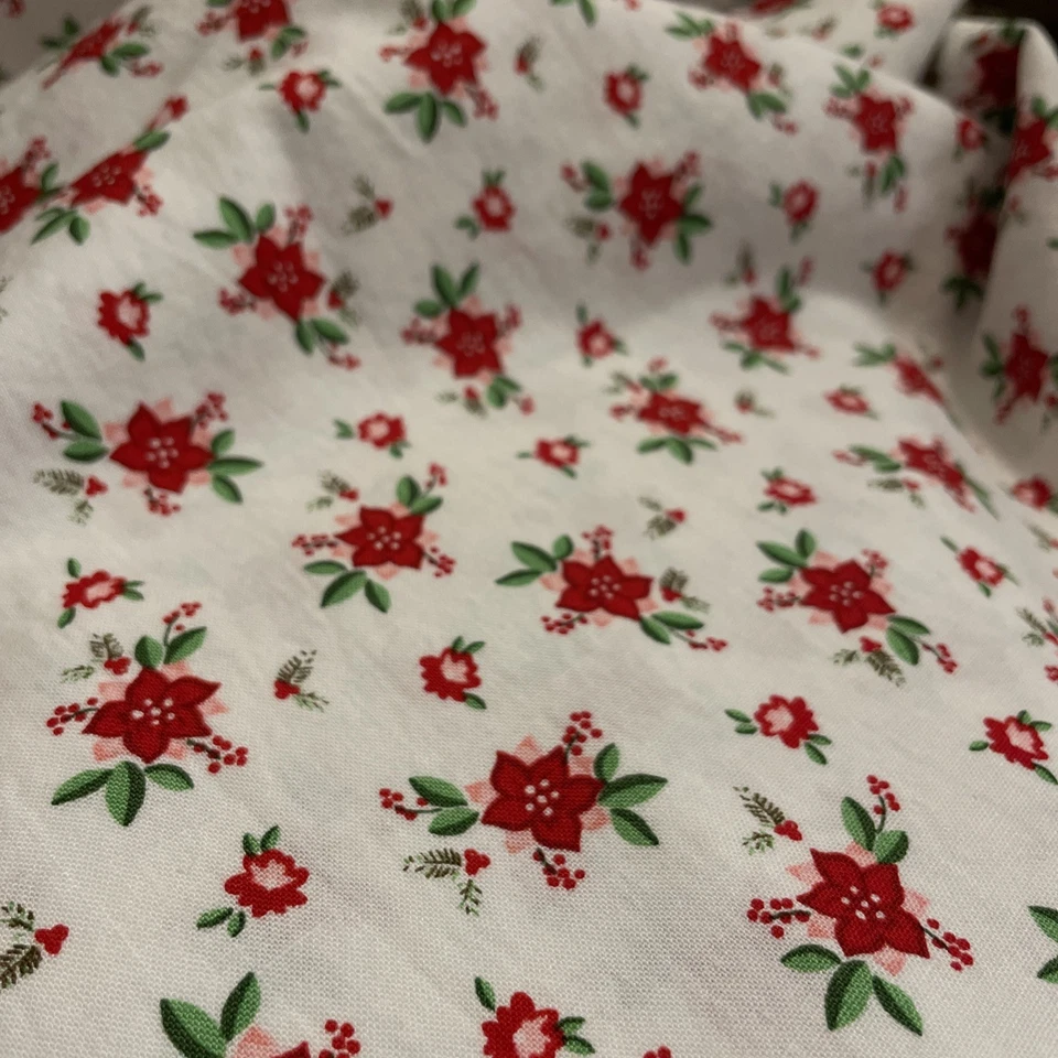 Riley Blake Pixie Noel 2 yards Poinsettias in Red and Pink on White with bonus  - Image 3 of 4