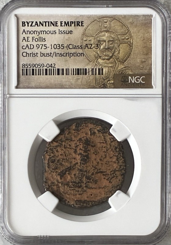 Byzantine Bronze AE Follis Bust of Christ 975-1035 Class A2-3 NGC Certified #042