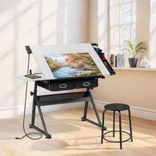 Drafting Table Drawing Desk Adjustable Tabletop w/Charging Station & Stool White