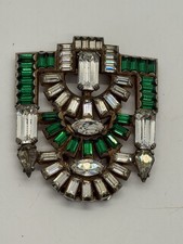 Vintage Art Deco Dress Fur Clip Silver Tone Geometric Clear & Green Rhinestones