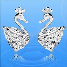 925 Sterling Silver Hypo-allergenic Swan Shaped Crystal Stud Post Earrings S1052