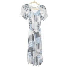 LOFT Patchwork Midi Dress Women's Small Rayon Short Sleeve Blue