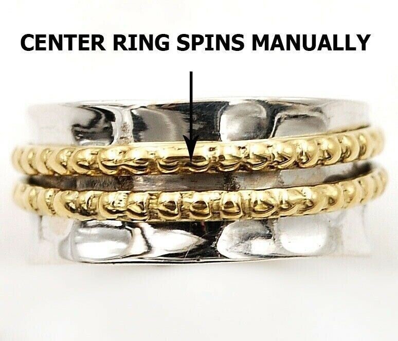 Two Tone Meditation Spinner 925 Sterling Silver Band Ring Sz 7.5