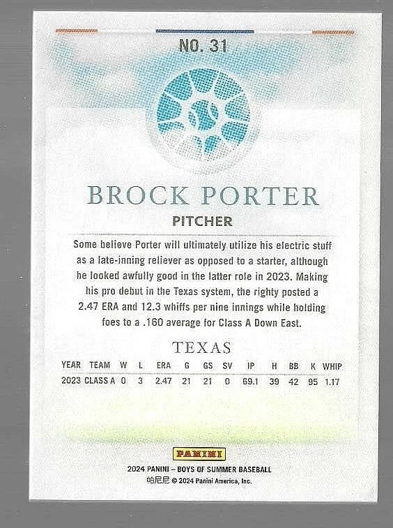 2024 Panini Boys of Summer - Brock Porter #31 Blue /99 (RC) - Image 2 of 2