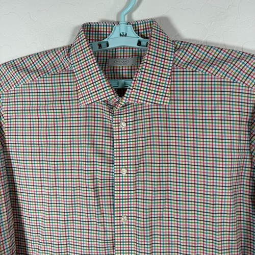 Eton Shirt Mens 18 White Colorful Button Up Long Sleeve Check Casual Cotton