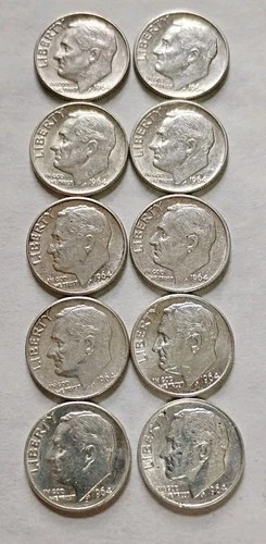 Lot of 10 - U.S. 90% Silver Roosevelt Dimes 1964 Various Mints XF $1 Face #11
