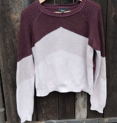 Tricolor Vintage Pullover Flieder Aubergine Colorblock Strick Kastenform Gr L