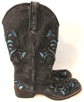 Roper Distressed Black Blue Metallic Underlay Cowboy Western Boots Size 6.5 EUC