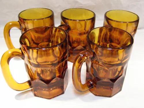 Vintage Indiana Glass Amber Root Beer Mugs Heavy Handled Thumbprint Set of 5