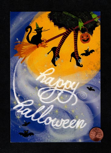 HTF Halloween Witch Black Cat Flying Broom Moon Bats - GLITTERED Greeting Card - Picture 2 of 5