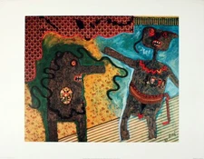 ENRICO BAJ Generale Nell'Intimita 25.25" x 32.5" Poster 1977 Surrealism Multicol