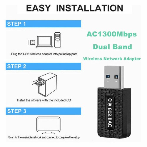 1300Mbps USB3.0 Wireless WiFi Adapter Dongle Dual Band 5G/2.4G Desktop Laptop PC - Picture 6 of 8