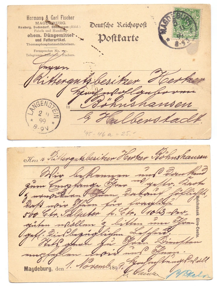 100154 - Postkarte Hermann & Carl Fischer, Düngemittel - Magdeburg 1.11.1899 - Bild 1 von 1
