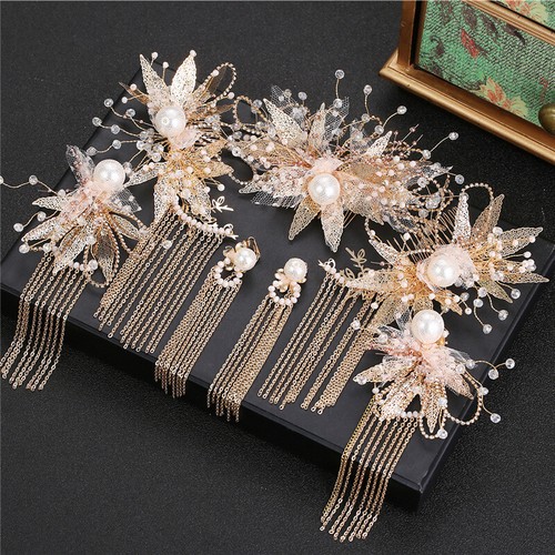 Vintage Chinese Step Shaking Tassel Hair Clip Earring Set Wedding Hair Jewelry - Imagen 1 de 9