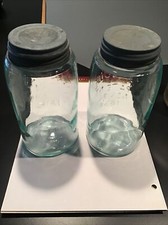2 GLASS JARS Vintage Blue Mason's Patent 1858 Quart Fruit Jars Port Zinc Lids