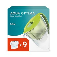 Oria Water Filter Jug Green with 9 Water Filter Cartridge by Aqua Optima Evolve+