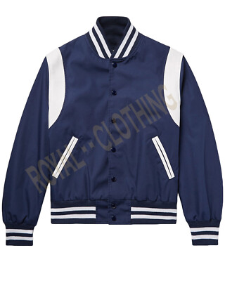 New Men's Varsity Bomber baseball Navy & White Shoulder Strip All Satin Jacket 