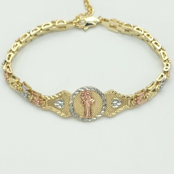 Alternate view of Tri Color Gold Plated Saint Benedict Bracelet. Pulsera San Benito Oro Laminado