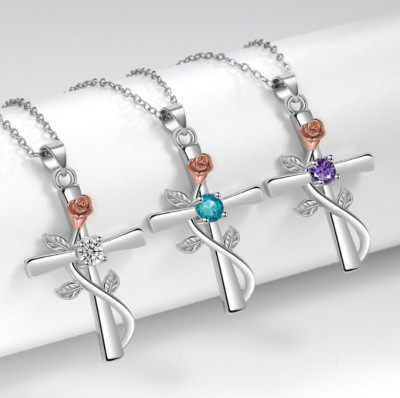 925 Sterling Silver Rose Flower CZ Two-Tone Cross Pendant Necklace 18 ...
