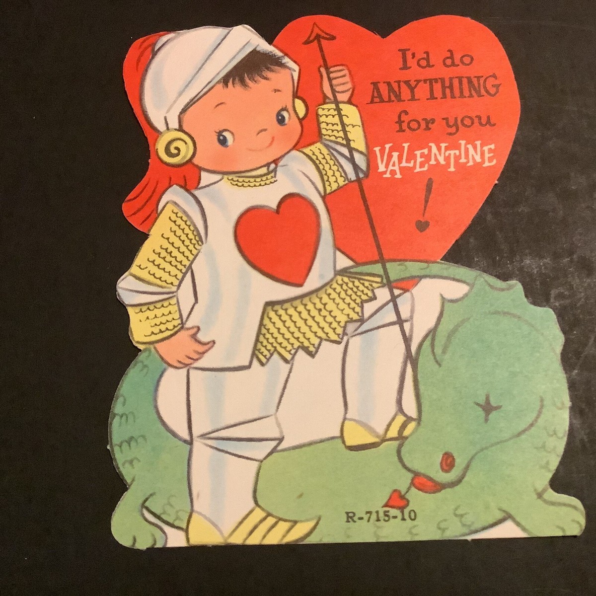 VTG DIE CUT VALENTINE CARD KNIGHT IN SHINING ARMOR SLAYED DRAGON 