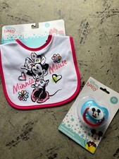 Minnie Mouse Bib and Mickey Mouse Pacifier New In Original Packaging