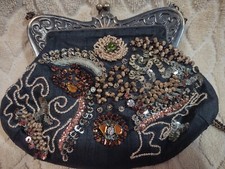 Vtg Art Nouveau Style Beaded 100 Black Silk Long Shoulder Chain Purse Handbag