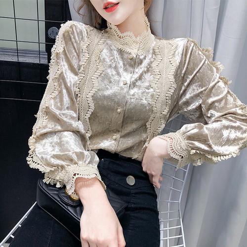 Women Velvet Shirts Lace Fringe Tops 