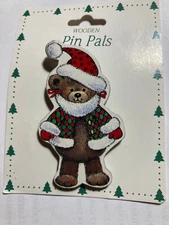 1994 Potpourri Press Christmas Santa Bear Wooden Pin Pals Lapel Pin NEW on CARD