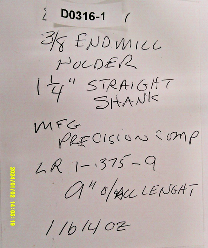 Soporte de fresa de extremo de componente de precisión 3/8" DIA 9" cono vástago 1-1/4" D0316-1 "F - Imagen 4 de 5