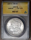 Top 100 1897 $1 Silver Morgan Dollar MS 63 ANACS # 5234904 VAM 6A Holder + Bonus