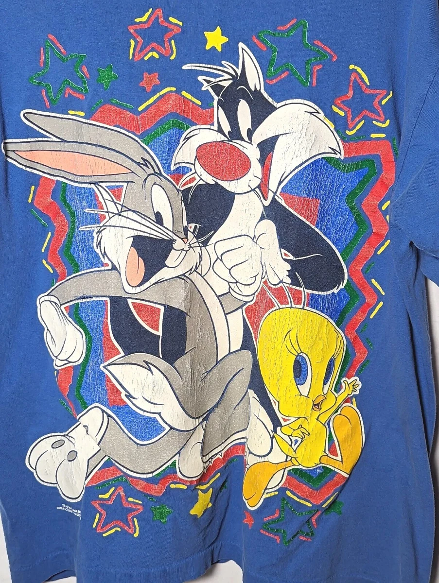 Vintage Looney Tunes T Shirt M 1994 Bugs Bunny Tweety Sylvester Blue Medium 90s