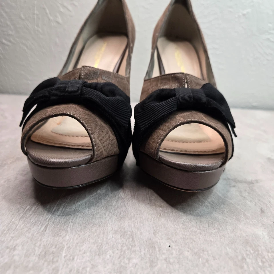 蝴蝶结高跟鞋 8.5 码棕色麂皮绒鳄鱼正装露趾厚底高跟鞋 — 第 3/4 张图片