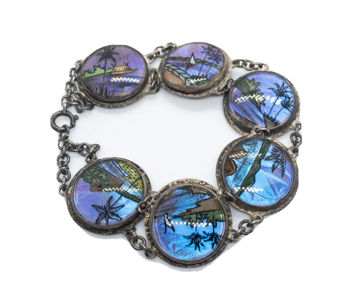 Mystical Vintage 900 Silver Morpho Butterfly Wing Link Bracelet