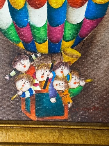 Joyce Roybal Oil Painting On Canvas Children In Hot Balloon Textured Cartoonish - Picture 6 of 16