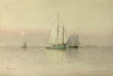 marine watercolor painting Antique Watercolor Seascape with Sailboats in Carved Wood Frame — listing 6