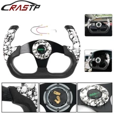 Universal U Shape Flat Drift Racing Leather Steering Wheel w/6 Holes Horn Button