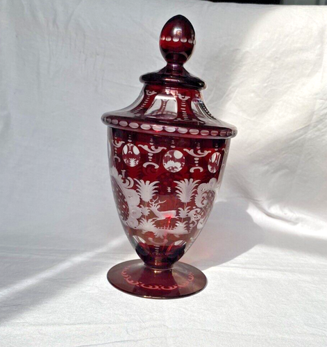 Vintage Bohemian Czech Glass Cut to Clear Ruby Red Candy Jar Dish Pokal Egerman - Picture 10 of 10