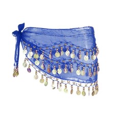 Belly Dance Hip Scarf 55x10" with 98 Gold Coin, Dark Blue