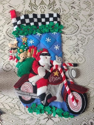 BUCILLA VTG XMAS Stocking 3 D SANTA On Motorcycle PROF. Hand Stitched Kit 86016 