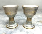 Vintage Rare Stangl Pottery 22K Gold Overlay Blue 1950s Goblets Set of 2