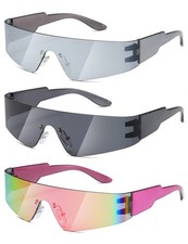 3 Pack Trendy Rimless Futuristic Wrap Around Sunglasses Cyberpunk Visor Shades