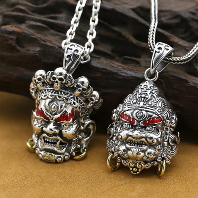S925 Silver TIBETAN DEITY Pendant Mahakala Jambhala Thai Amulet Red Enamel 21g