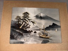Vintage Japanese Silk Embroidery Landscape Boat Scene Mount Fuji 15x11.5