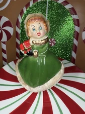 Vtg Kreiss? Green Christmas Girl W Gift Blue Rhinestone Eyes Fur Figurine Japan